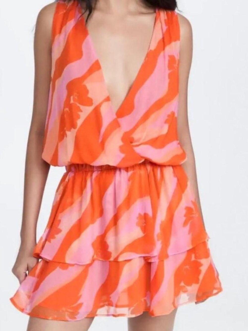 Ramy Brook Baldwin Mini Dress XS Orange Pink Floral Ruffle Wrap Resort